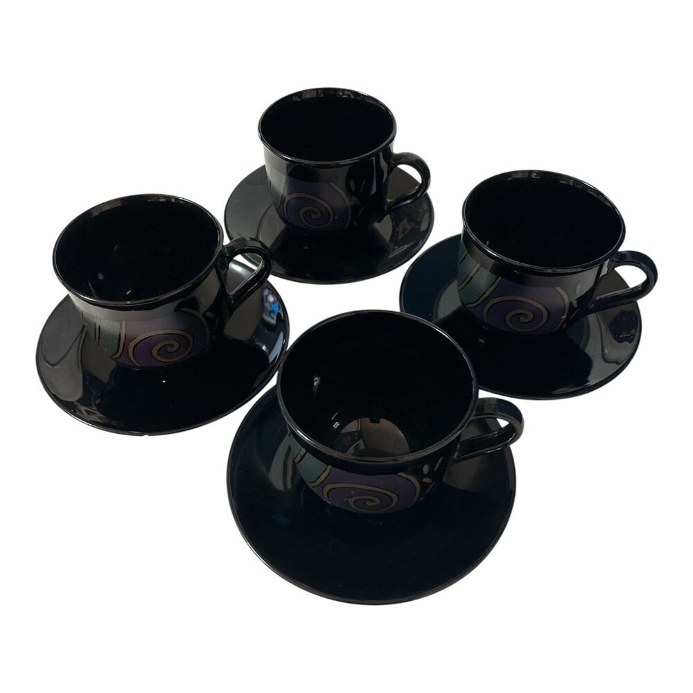 ARC France Black Glass Cups and Saucers – Swirl Design – 1990s Espresso Demitass